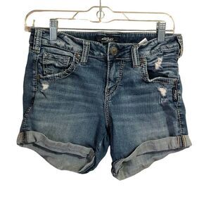 2/$30 Silver Womens Sam Shorts Sz 25 Blue Denim Distressed Stretch Cuff Hem